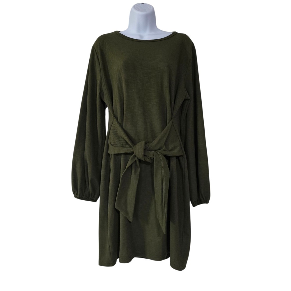 Fashion Womens Mini Dress Brown XL Solid Long Sleeve Knit Stretch Tie Waist